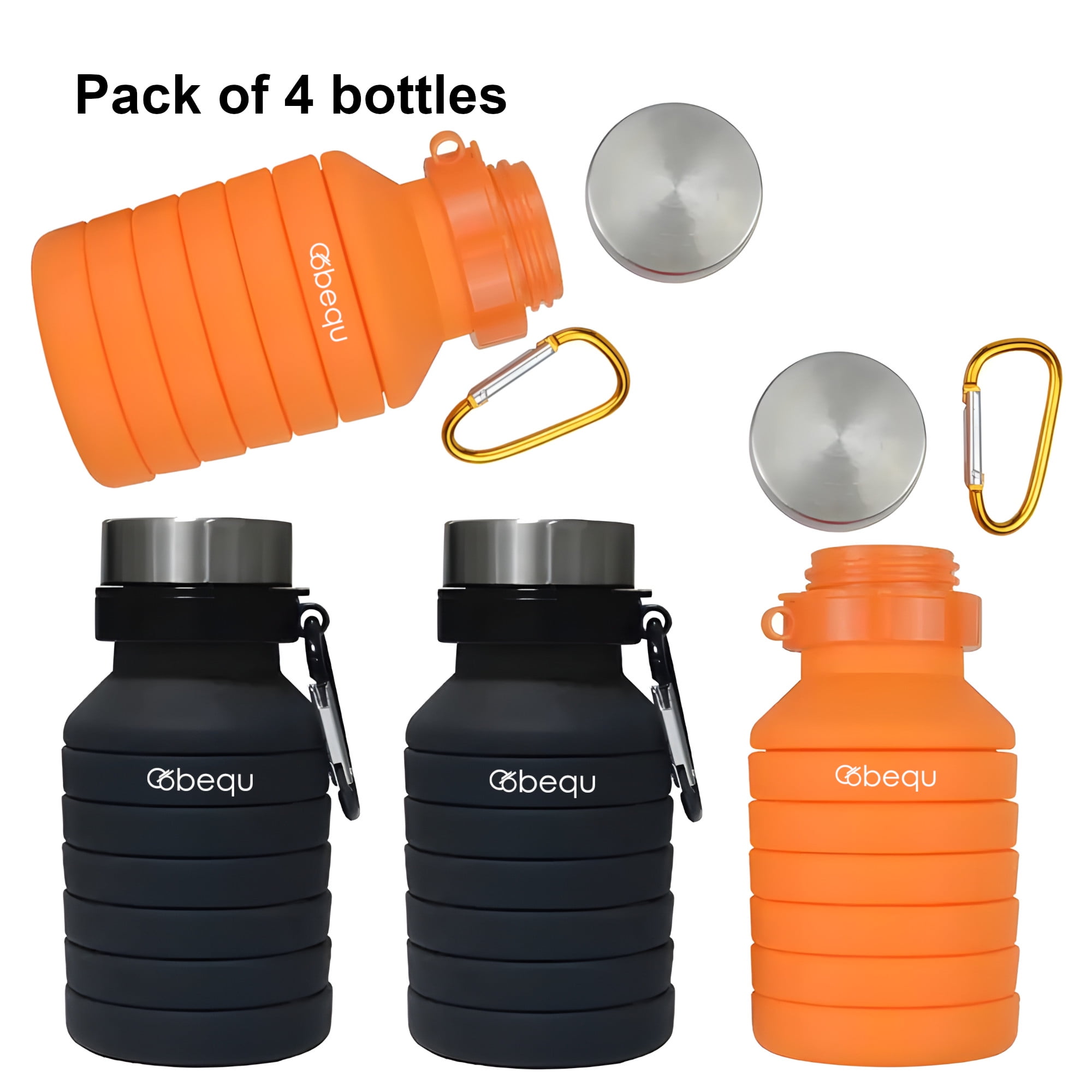 BEQU 550ml/18 Fl Oz Collapsible Silicone Water Bottle, Reusable, BPA Free, Dishwasher-Safe, Portable, Leak Proof, Use for Home Office Sports Travel Gym Camping Hiking (4PK Black-Orange)