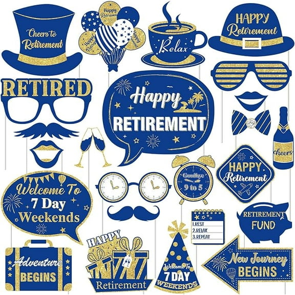 Retirement Photo Booth Props - Glitter Retirement Party Signs with Wooden Sticks, Going Away Office Work Job Change Graduation Ceremony Party Decorations