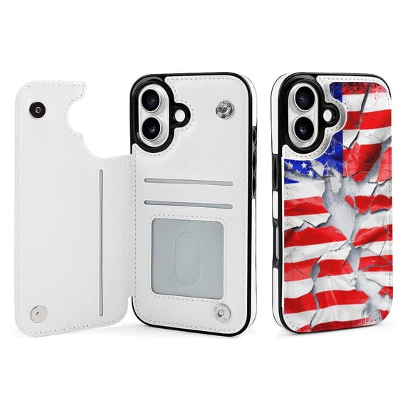 Compatible with iPhone 11 12 13 mini 14 15 16 Pro Max Plus Wallet Case with Card Holder, PU Leather Kickstand Card Slots Case ( American Flag, iPhone 16)