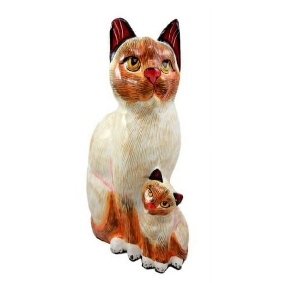 Balinese Wood Handicrafts Adorable Orange Feline Cat & Kitten Family Figurine