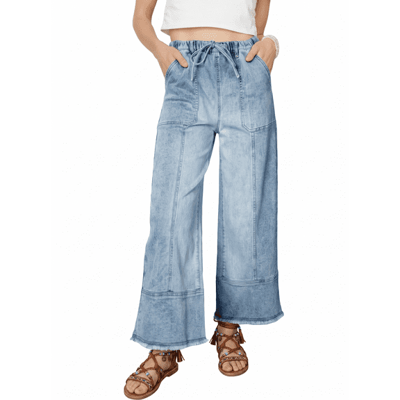 DOKOTOO Women's Wide Leg Jeans High Waisted Baggy Jeans for Women Stretchy Denim Pants with Drawstring and Big Pockets (Plus Sizes Available)