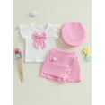 thumbnail image 4 of BemeyourBBs Toddler Baby Girl 2 Peice Skirts Set Cute Summer Fall Clothes Vintage Little Girls Short Sleeve 3D Bowknot T-Shirt Skorts Shorts Beret Hat, 4 of 9