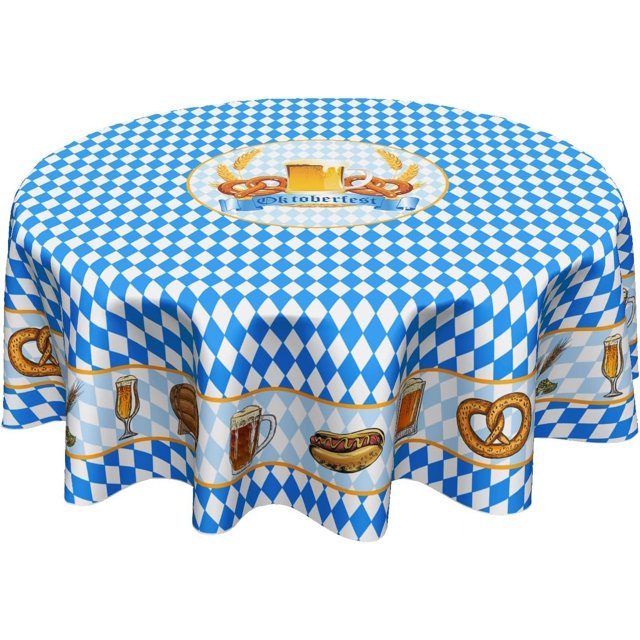 Oktoberfest Tablecloth Round Bravarian German Flag Table Cloths Circular Table Cover Washable Wipeable Polyester Tabletop Holiday for Dining Kitchen Picnic Party Decor 60 Inch