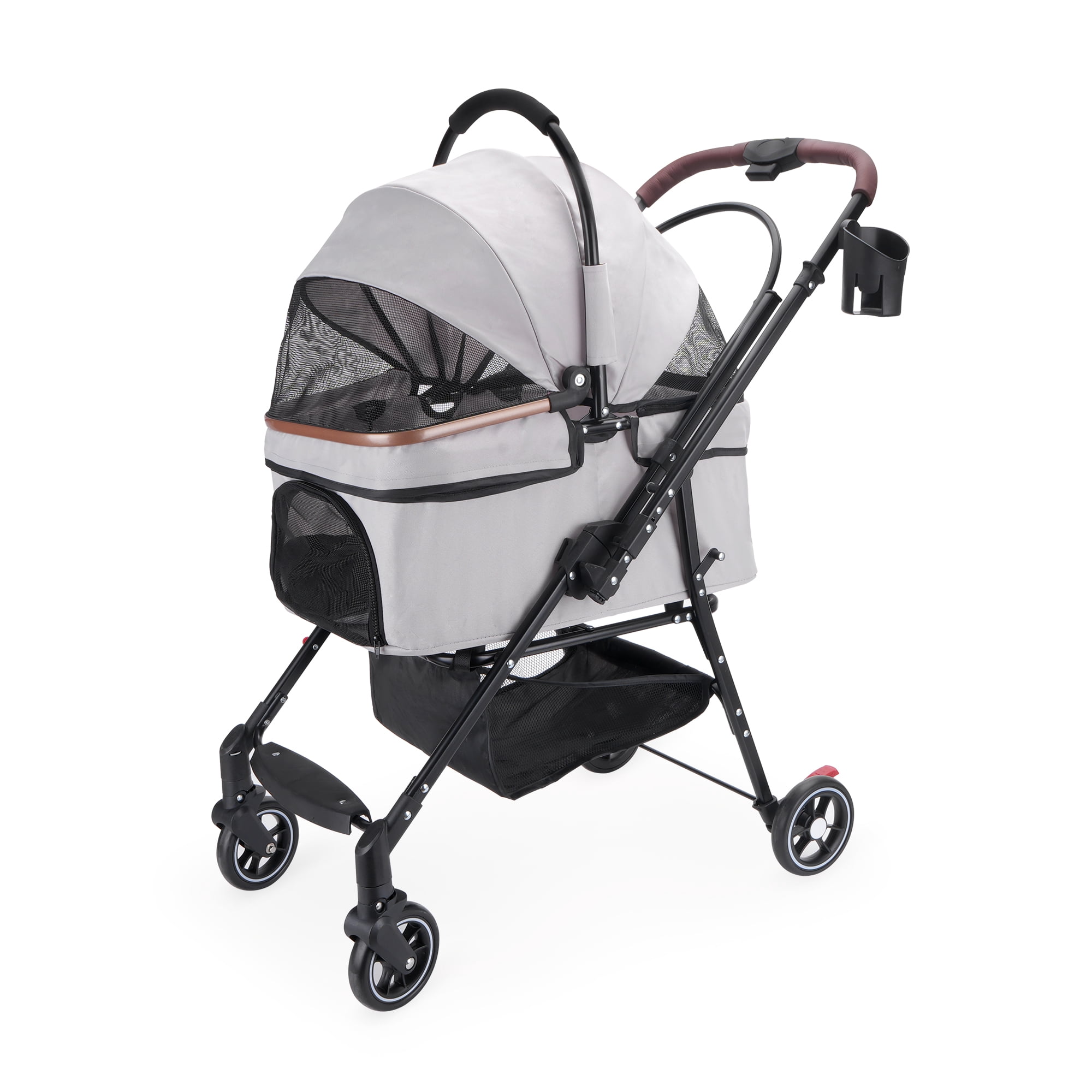 Foldable Pet Stroller with 360-Degree Rotating Wheels and Adjustable Canopy, Dog and Cat Travel Carrier with Storage Basket, Grey