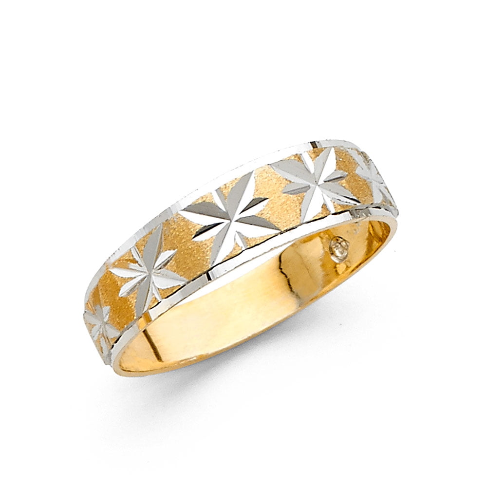 14k Yellow White Gold Solid Wedding Band Diamond Cut Ring Satin Two Tone 6 mm 