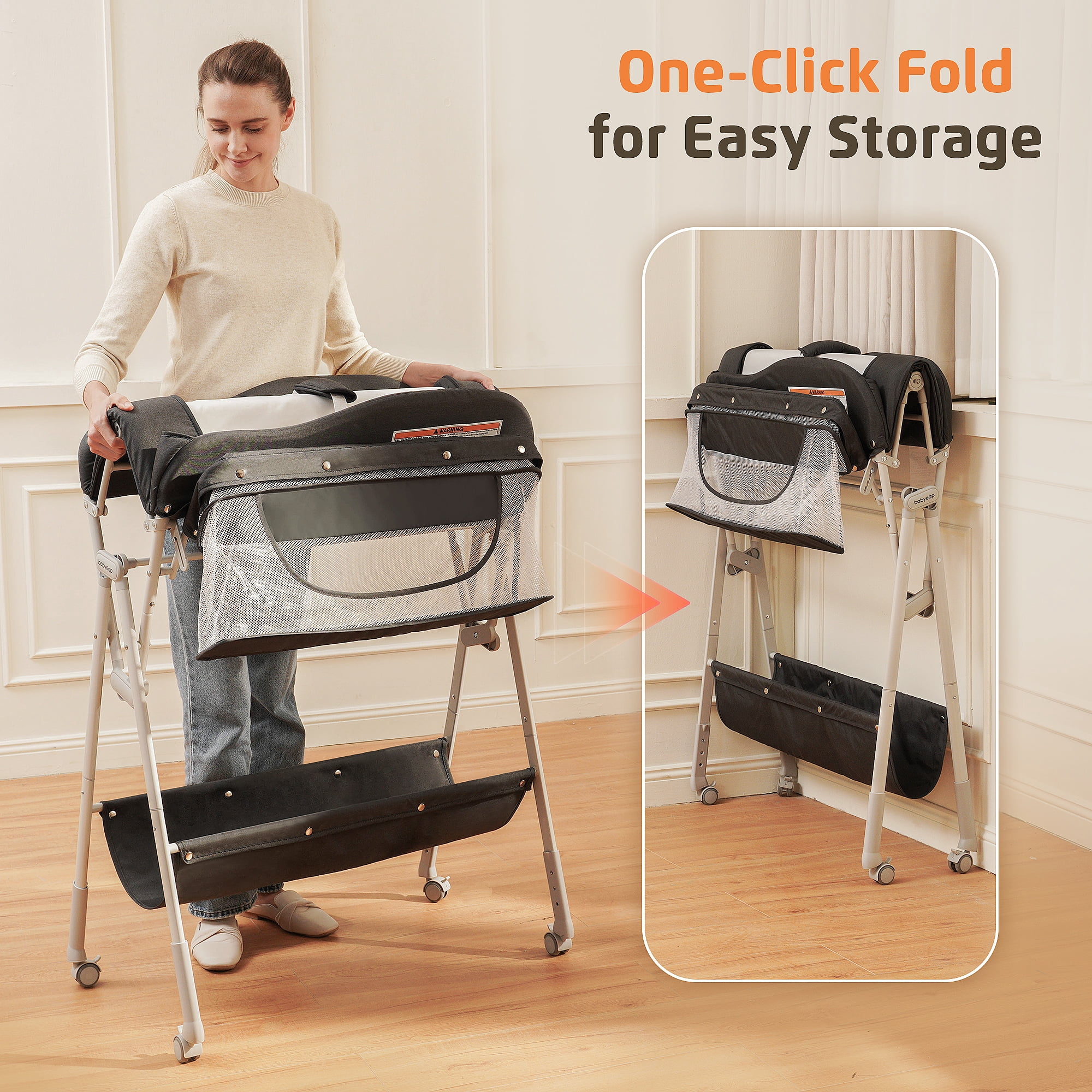 Babyeap Baby Changing Table with Wheels, Portable Foldable Diaper Changing Station with Adjustable Height & Waterproof Pad, Nursery Organizer Storage for Newborn & Infant