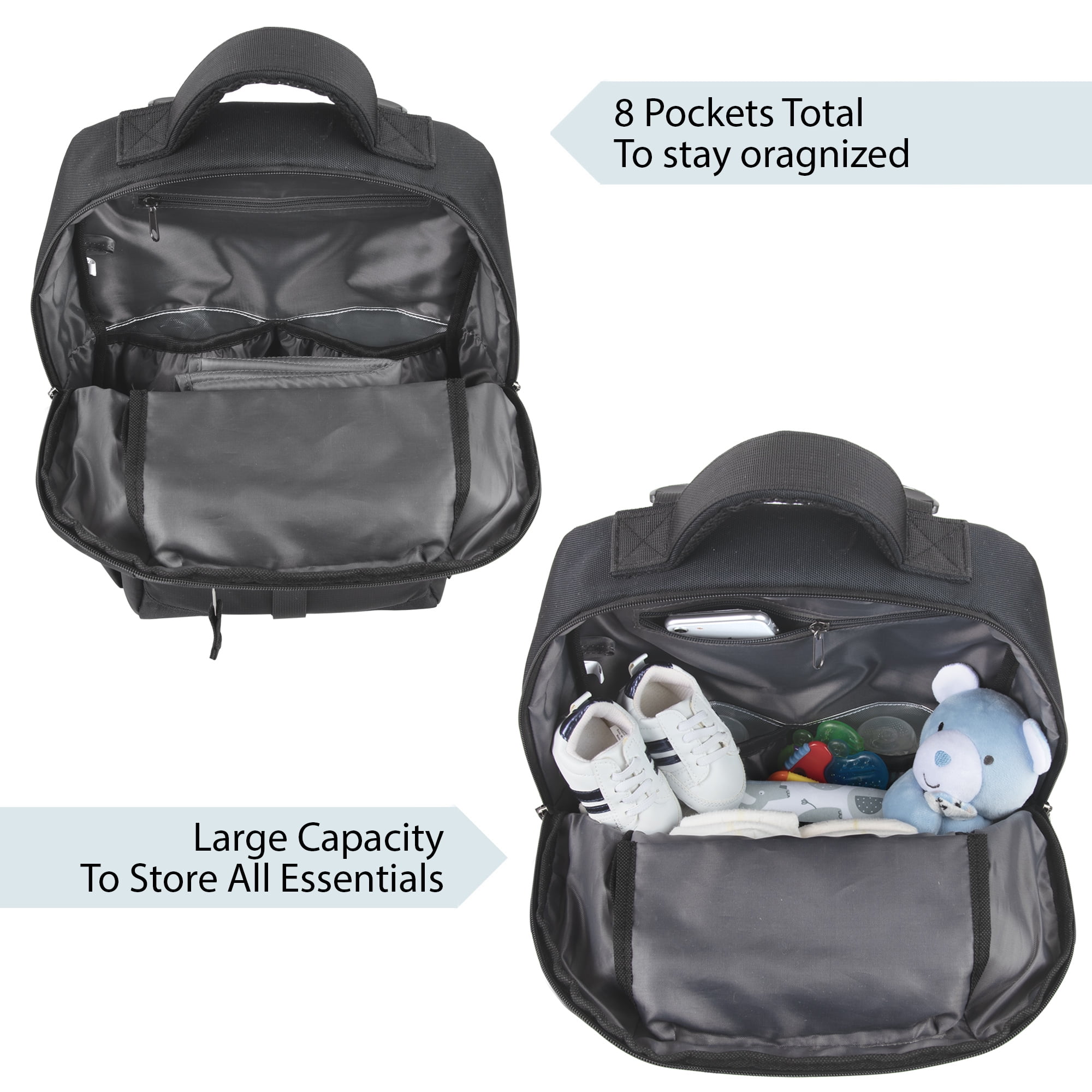 Baby Essentials Multi-Pocket Dual Zipper Closure Diaper Bag Backpack with Matching Changing Pad, Insulated Bottle Pockets and Stroller Straps in Black