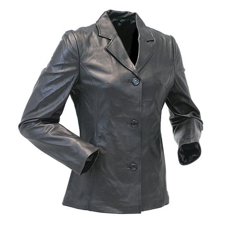 Long Three Button Black Lambskin Leather Coat for Women