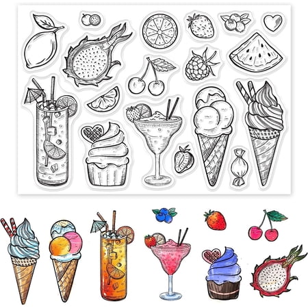 Food Pattern Clear Stamps Ice Cream Fruit Juice Cupcake Silicone Transparent Seal Stamps Lovely Food Rubber Stamps for Card Making DIY Scrapbooking Photo Album Decor diy Food
