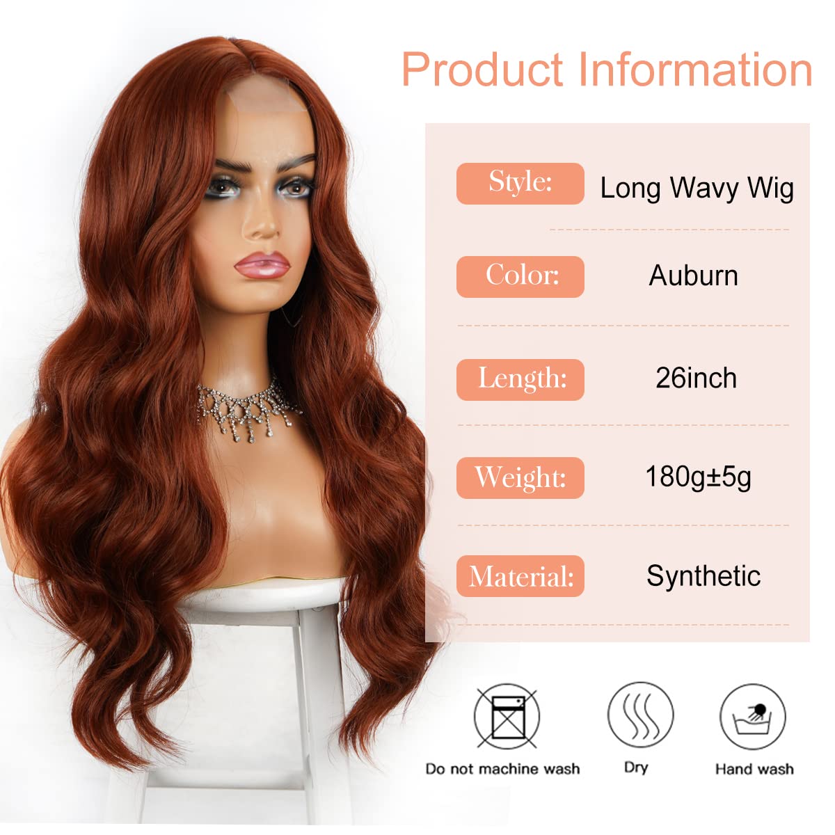 26” SYNTHETIC WIG WAVY CURL LONG NATURAL MIDDLE PART HEAT DEEP RED RESISTANT Dengmore 26 Inch Red Curly Wig Deep Wave Curly Hair Wigs 360  main image 3