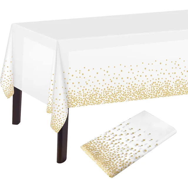 Mantel de lunares blanco y dorado, mantel blanco y dorado, 137 x 274 cm, mantel rectangular de plástico para decoración de mesa de cumpleaños en blanco y dorado JM mantel navideño