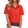 thumbnail image 2 of WTXUE Cotton Linen Button Down Shirt for Women Short Sleeve Tops Cotton Linen Shirt Business Casual Outfits Lapel Collar Button Down Tunic Shirts Casual Work Office Top Soft Comfortable Red M, 2 of 6