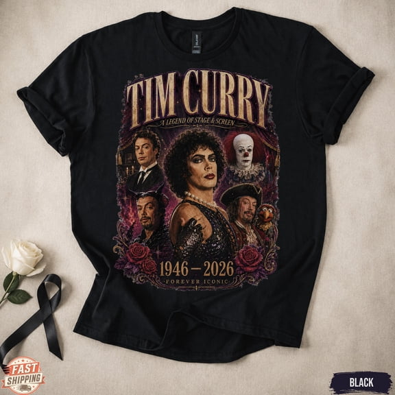 Tim Curry Actor Tribute Shirt Tim Curry Movie Characters Tee Black Rocky Horror Picture Show Fan Apparel Pennywise Horror Clown Top