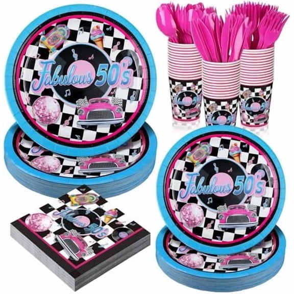 252 Pcs 50s Party Supplies Fabulous 1950s Plates and Napkins Disposable Back to the 50s Napkin Plate Cup 1950s Rock and Roll Music Record Decorations Retro Sock Hop Tableware Serves 36 Guests