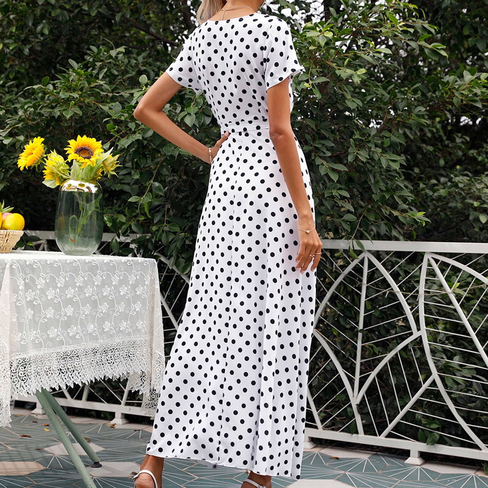 USSUMA Sun Dresses Women Casual Short Sleeve High Slit Belted Pleated Swing Long Summer Dresses Polka Dot Flowy Sundress for Women Beach Vacation V Neck Maxi Women's Shirt Dress