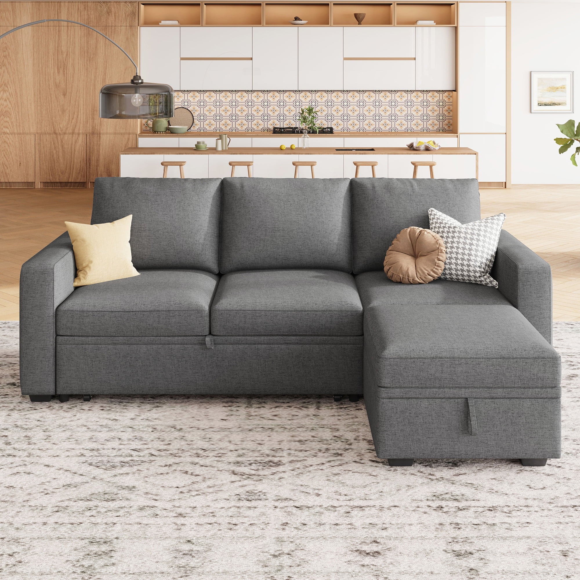 HONBAY 79" Reversible 3 Seat Compact L Shaped Sectional Sleeper Sofa with Pull Out Bed and Storage, Breathable Linen Gray