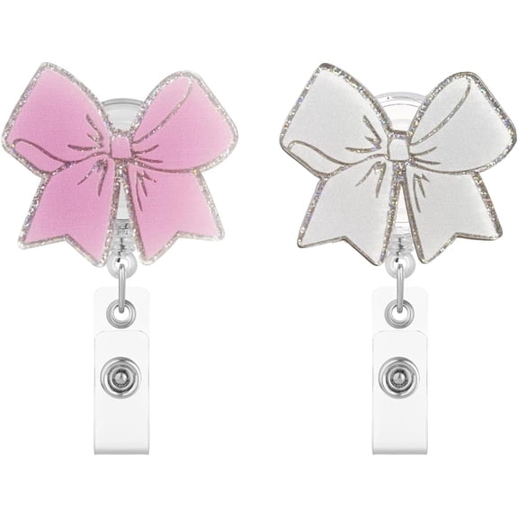 2Pcs Pink Bow Badge Reel Retractable Cute Badge Reels with Alligator Clip ID Badge Holder for Nurse,Medical Worker,Nursing Student,Teacher