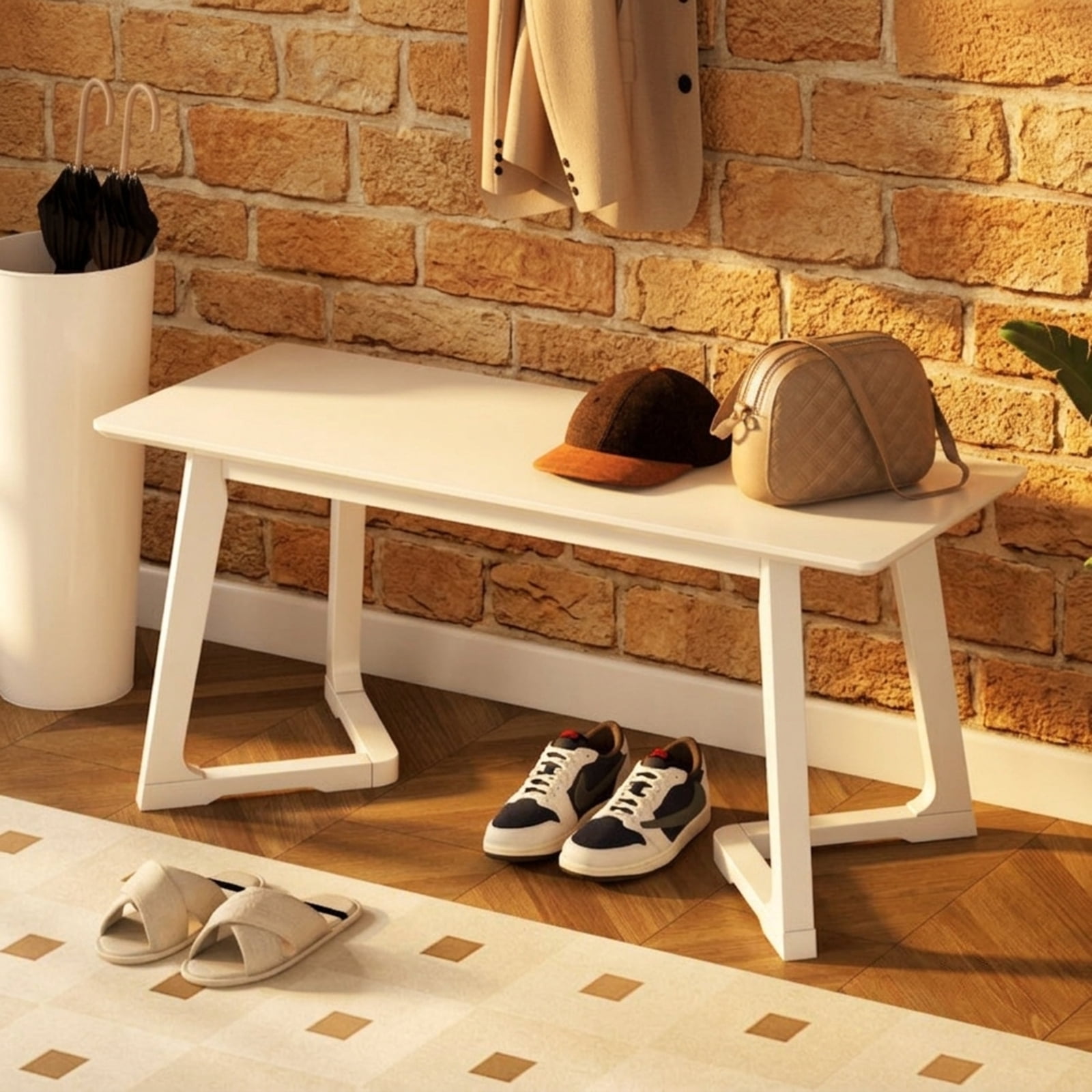 Furnibear 42 Inch Modern Entryway Bench with Solid Rubber Wood Legs and Open Bottom Shelf for Hallway Bedroom Dining Room Shoe Storage, White