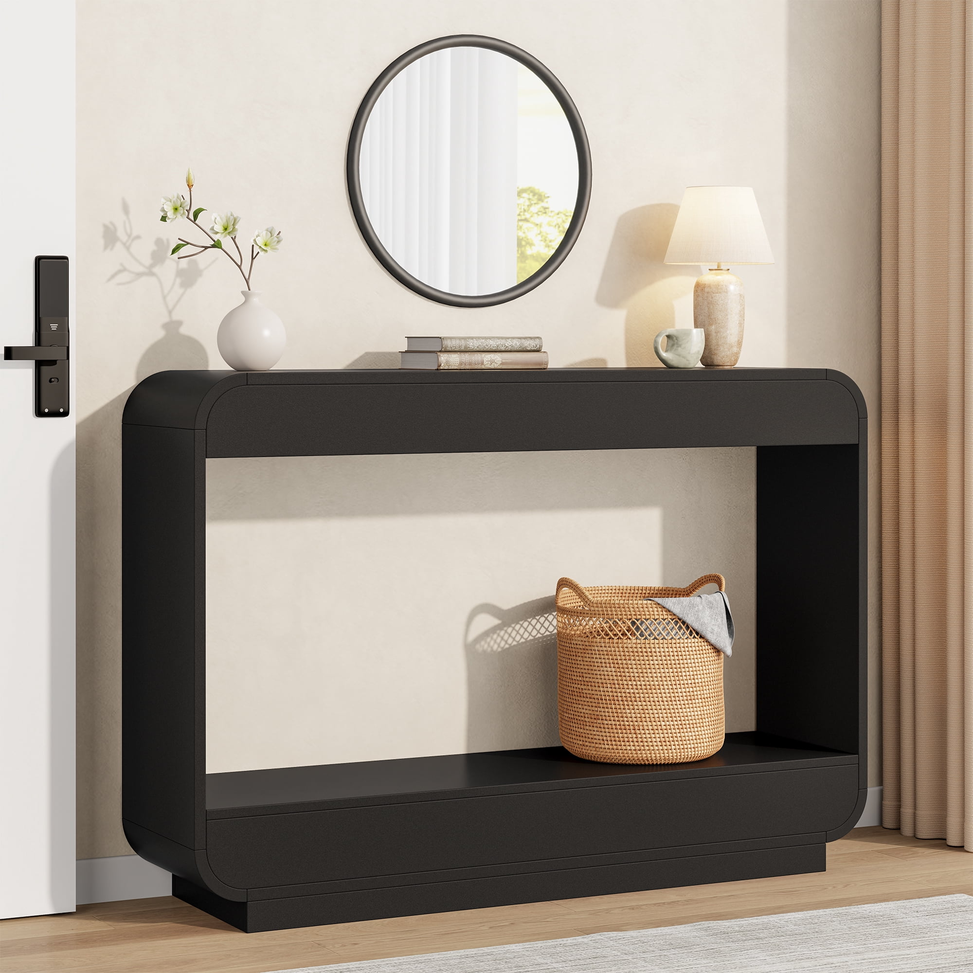 Laintene Console Table, 43" Curved Entryway Table, Wood Sofa Tables Behind Couch with Open Shelf, Entry Table for Entrance, Hallway, Living Room, Black