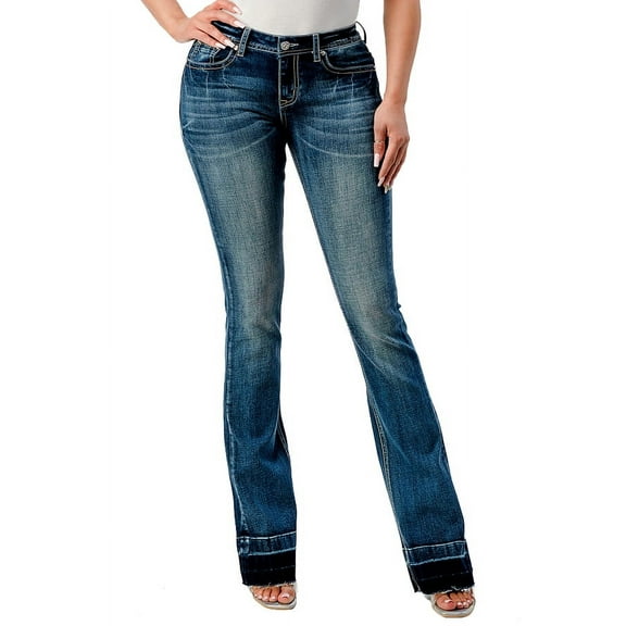 Grace in LA Women's Western Embossed Horse Stars Pocket Bootcut Stretch Jeans (25, Blue)