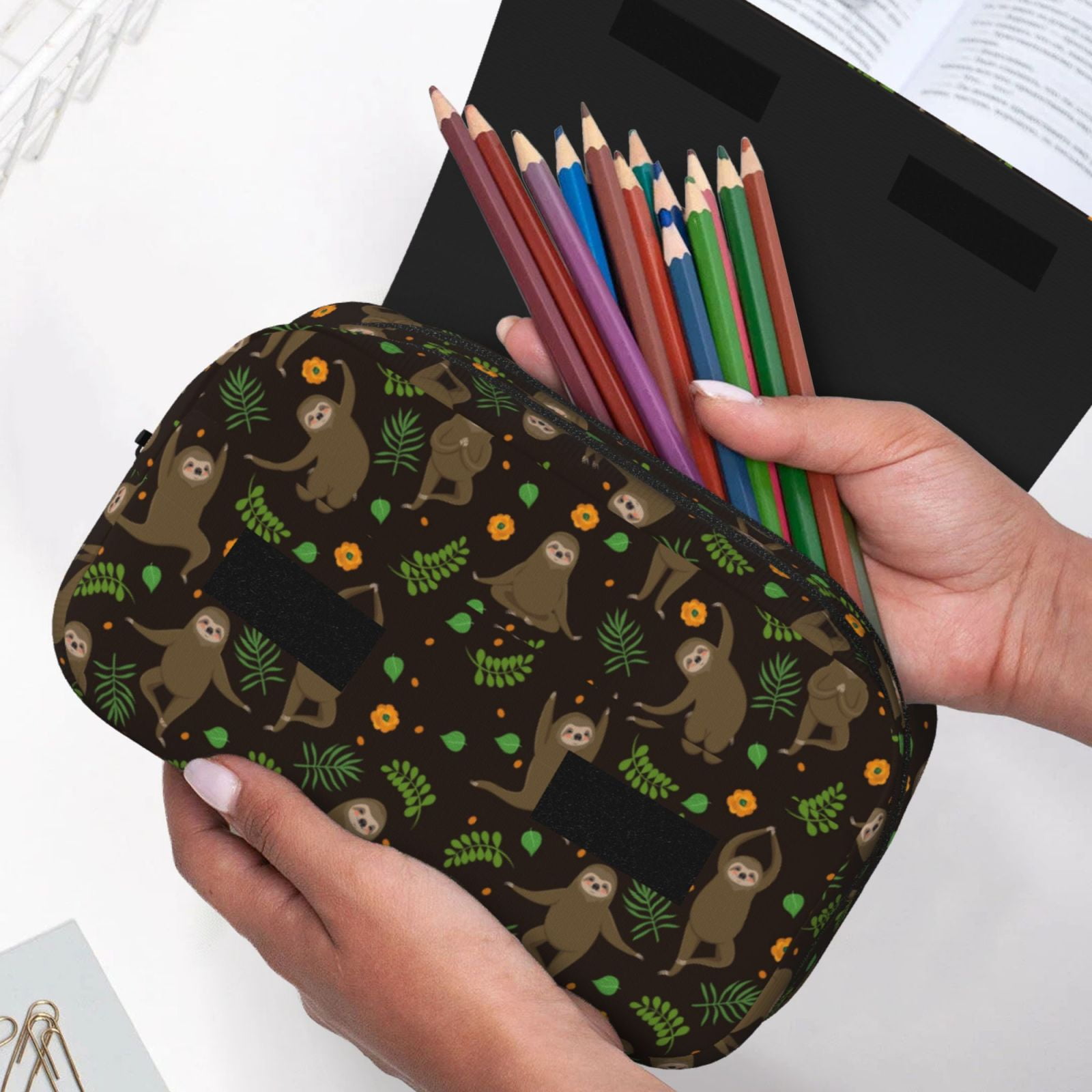 Rateoe Sloth Doing Yoga Pattern Double Clamshell Pen Case, Storage Organizer with Two Zipper Compartments– Holds Up to 50 Pencils & Pens