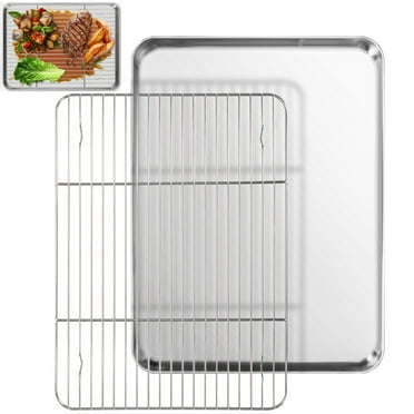 AIWFL Stainless Steel Baking Pan with Rack Set, 2-in-1 Nonstick Baking & Cookie Sheet (16 x 12 x 1 in), Silver