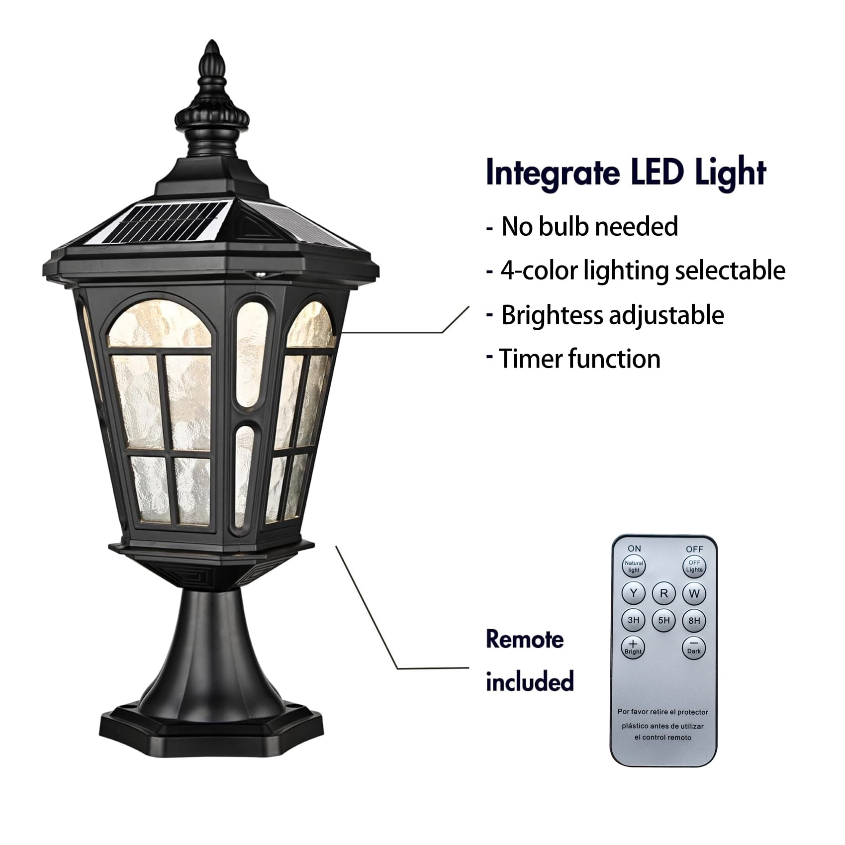 Claxy Solar Post Light Outdoor Solar Cap Light Exterior 4-Color LED Wireless Post Lantern with Romote, IP54 Waterproof Pier Outdoor Light Wire-Free for Porch Fence Garden Courtyard