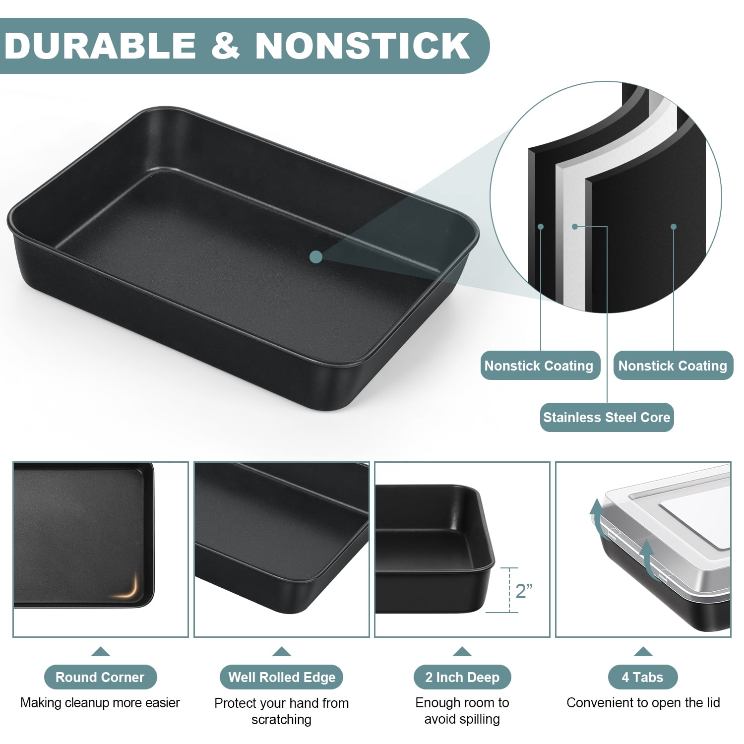 Vesteel Nonstick Baking Pan with Lid, Stainless Steel Rectangle Sheet Cake Pans with Covers, Non-toxic Bakeware Set for Casseroles Brownies Cakes, 2 Pans + 2 Lids, 10.5 x 8.3 x 2 Inch