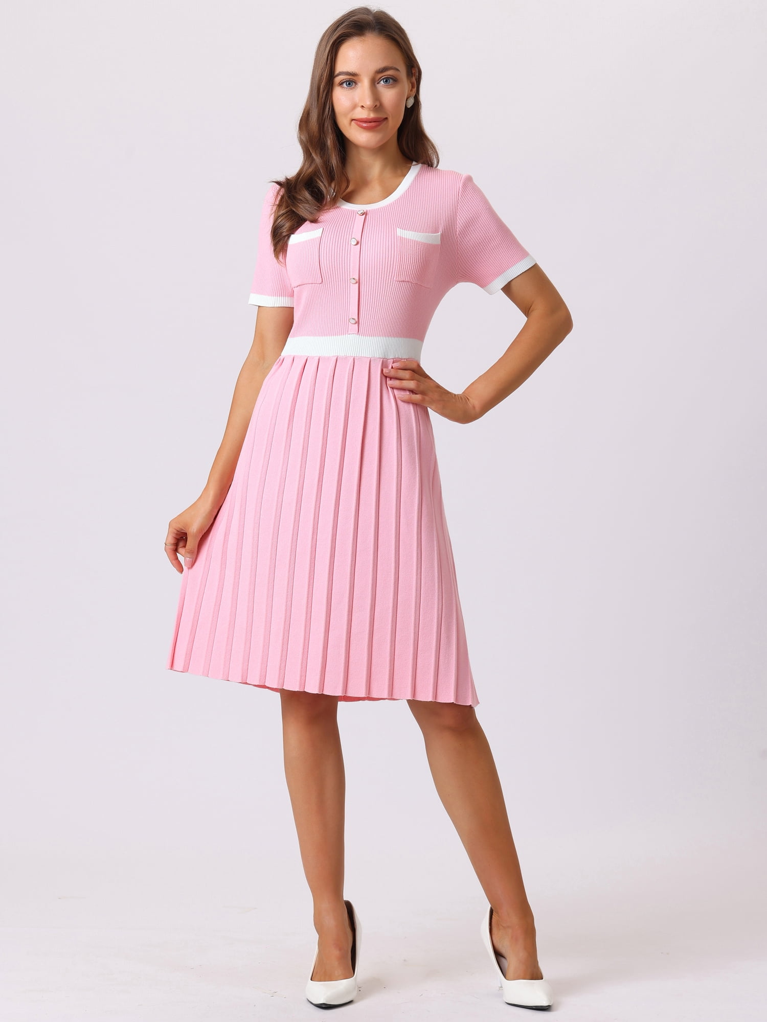 DARING DIVA Women's Pleated Short Sleeve Contrast Color Dresses M Pink