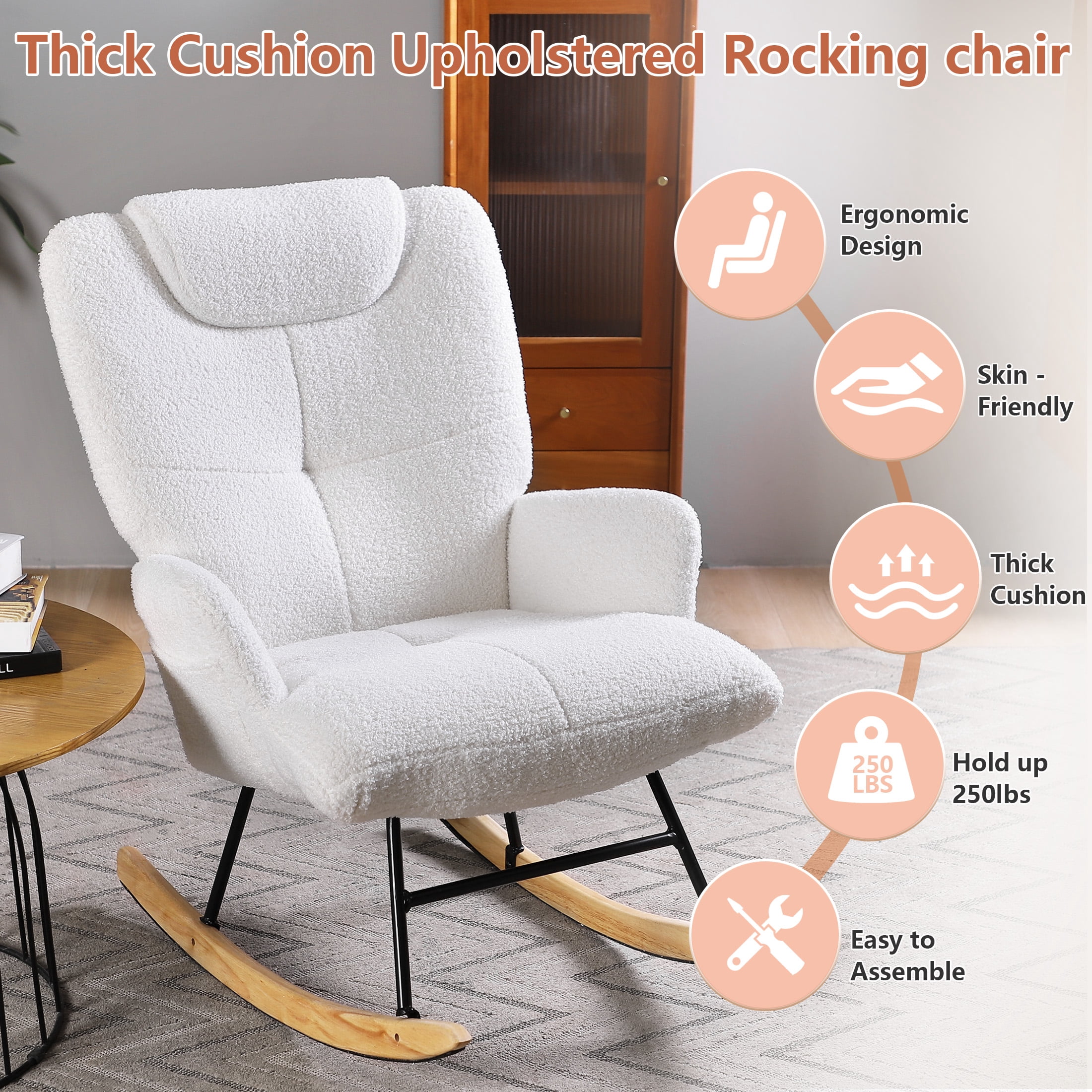 Vipuse Metal Frame Modern Rocking Chair with High Backrest & Padded Seat - Stylish Nursery, Bedroom, and Living Room Accent Chair