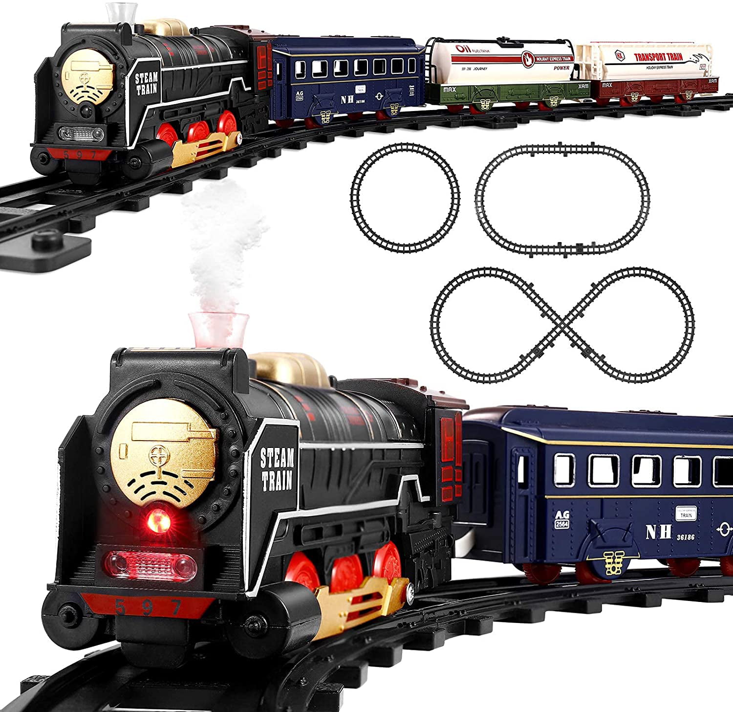 Simulated Sound and Light for 3+ Children Classic Parts Fniise Battery-Powered Electric Model Train Set --270 cm Long Track Circumference Scene Accessories