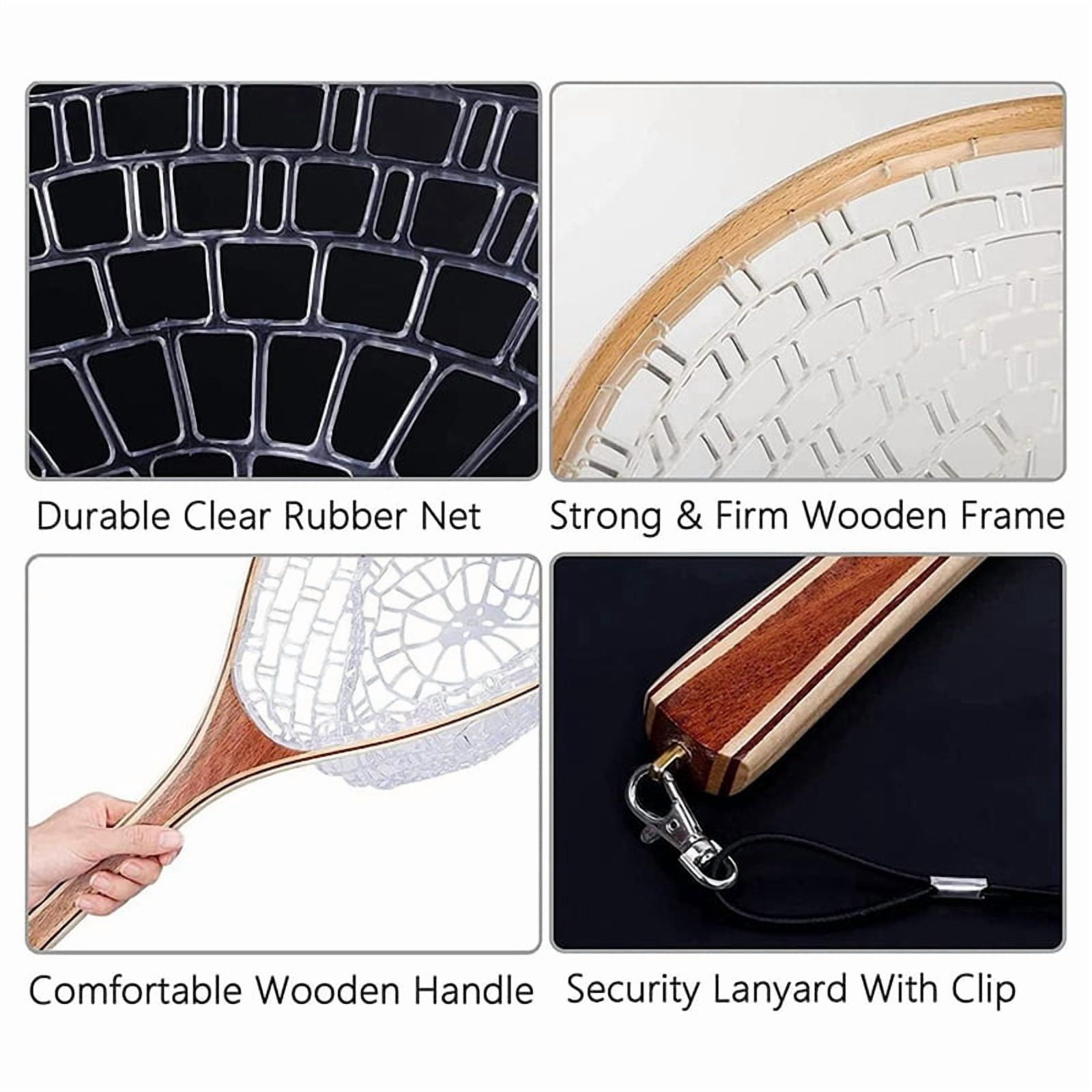 Fly Fishing Landing Net Trout Fishing Net, Soft Rubber Catch and Release Fish Net with Wooden Handle Frame,1 x Fishing net 1 x Tie rope