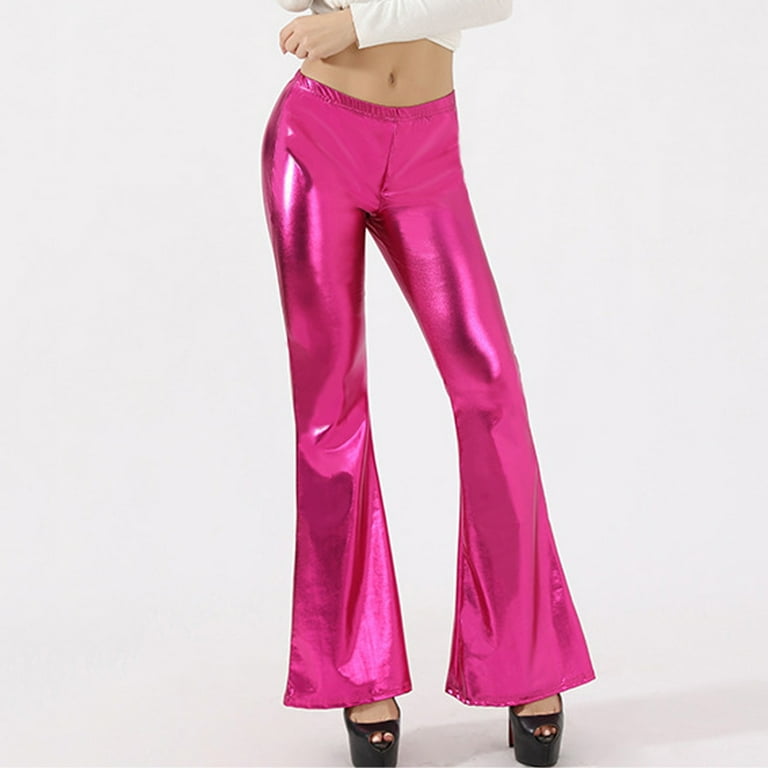 XFLWAM Women Shiny Metallic Flare Leggings Long Wide Leg Pants Slim High  Waist Bell Bottoms Vintage 70s Disco Yoga Trousers Hot Pink XXL