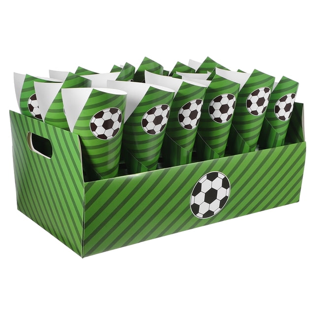 KAKOWELY 30 conos de papel para fiestas, conos de palomitas, charcutería, golosinas para eventos deportivos, cumpleaños y noches de cine (temática de fútbol).