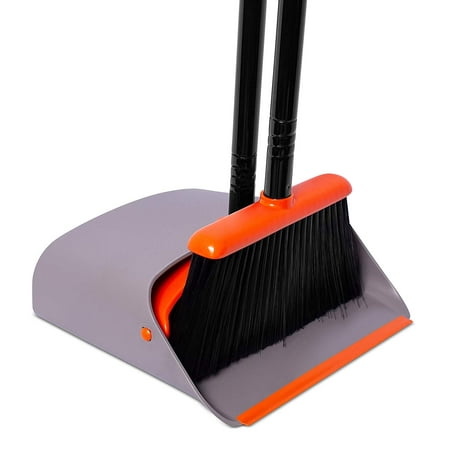 BirdRock Home Broom and Dustpan Set | Lobby Dust Pan | Orange and Grey Durable Set | Indoor or Outdoor | Sweep Combo Great for Kitchen, Home, Garage and Office | Clip On Self Cleaning Bristles
