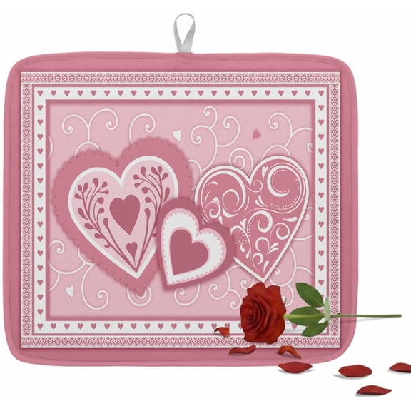 Valentines Dish Drying Mat Pink Heart Drying Matt for Kitchen Counter Romantic Love Cute Square Abstract Leaves Absorbent Microfiber Quick Dry Pad Non Slip Drainer Mats 16x18 Inch