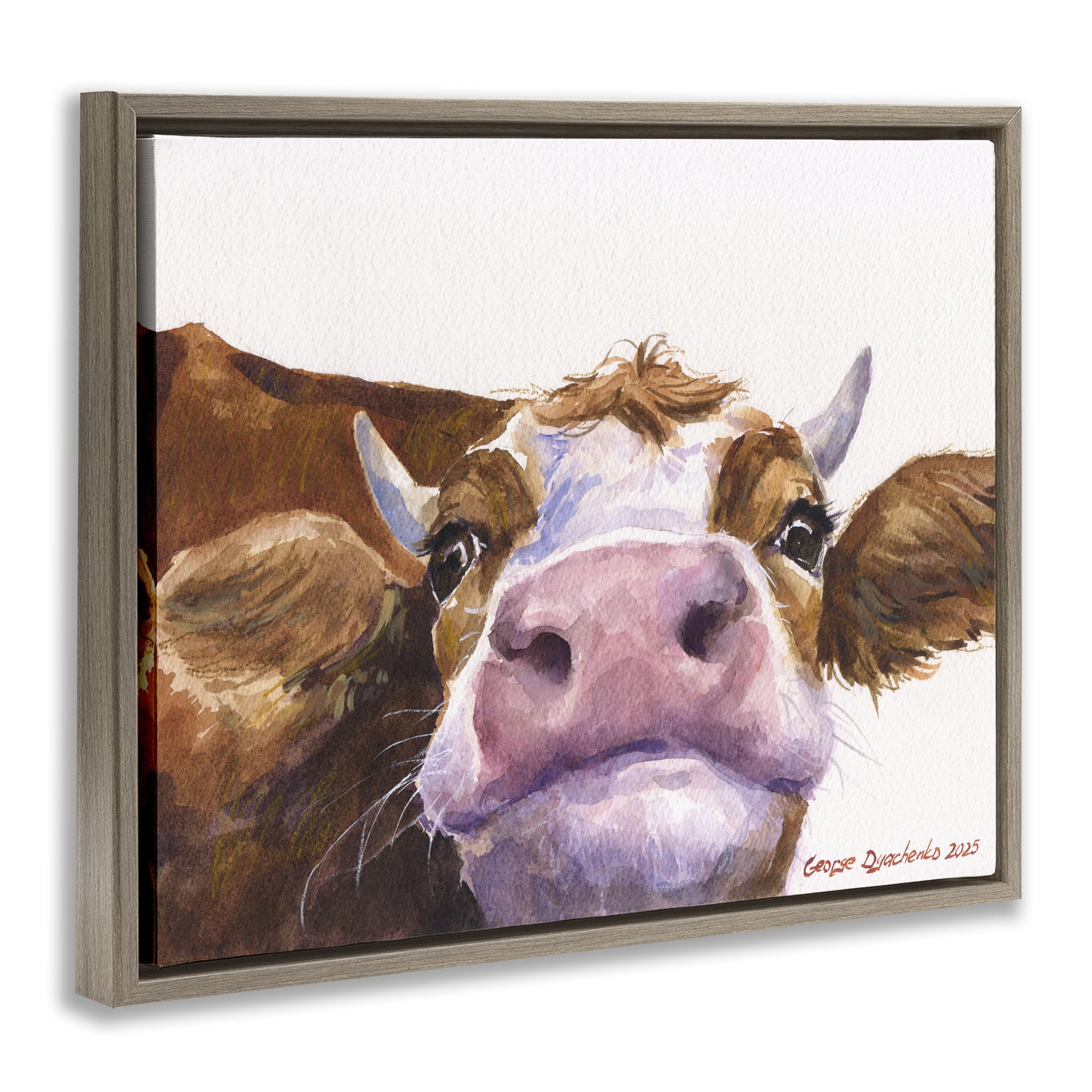 Stupell Industries Cute Cow Close Up Brown Framed Floater Canvas Wall Art, design by George Dyachenko