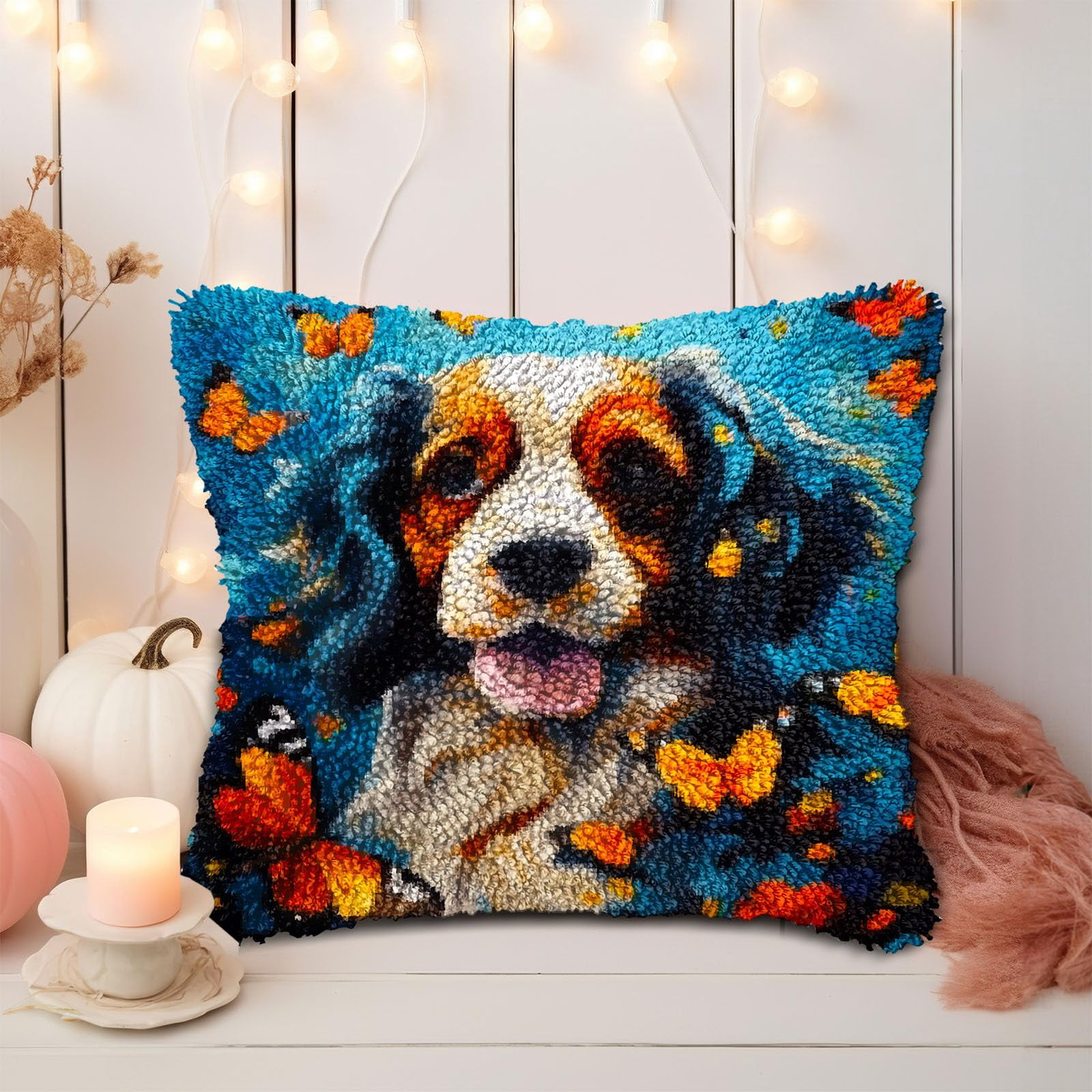 Bernese Mountain Dog and Butterflies DIY Latch Hook Pillow Kits for Adults Printed Pillowcase Crochet Yarns Hooking Handmade Pillow Cover Cushion for Home Sofa Decoration 17x17inch