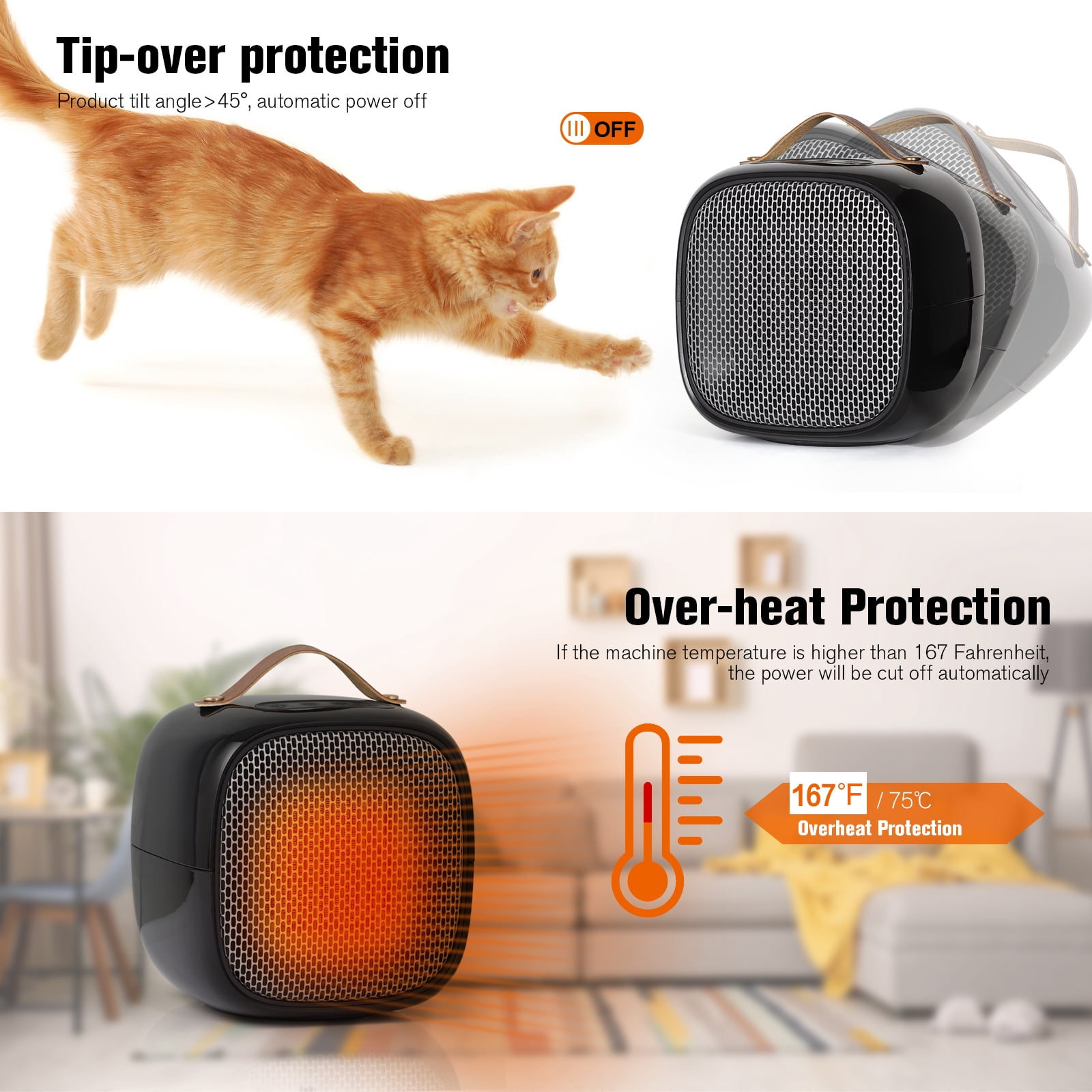 2-Set Ceramic Space Heater with Thermostat, Overheat & Tip Over Protection, Indoor Use - Clear Black
