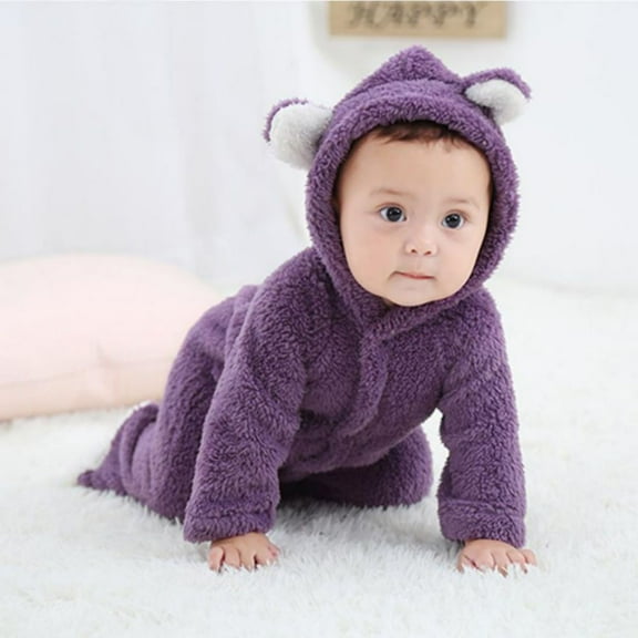 Infant Winter Plush Hooded Bodysuits Solid Color Warm Button Down One-Piece Jumpsuit for Newborn Baby Boys Girls
