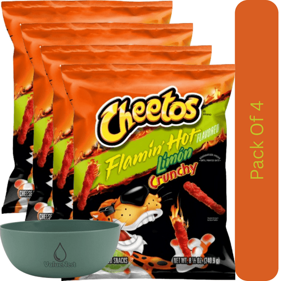 Cheetos Crunchy Cheese Flamin' Hot Limon Flavored Snacks, 8.5 oz Bag With Olive Green Bowl By ValueNest