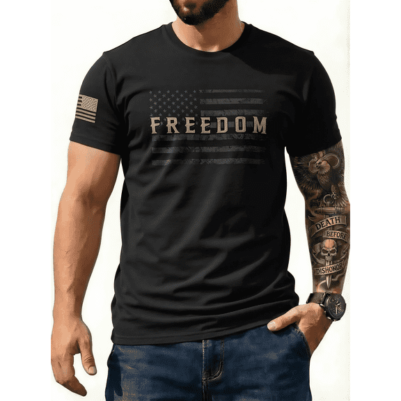 CJQCJQ Men's Distressed Freedom T Shirt, Faded USA Flag Graphic Short Sleeve Top-Black,XL