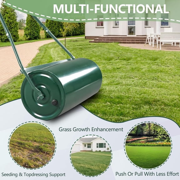 Rugerasy Heavy Duty Steel Lawn Roller,Tow Behind Garden Drum,9.5 Gallon Capacity,Water or Sand Fillable,U-Shaped Handl for Yard Leveling,Seeding,Dark Green