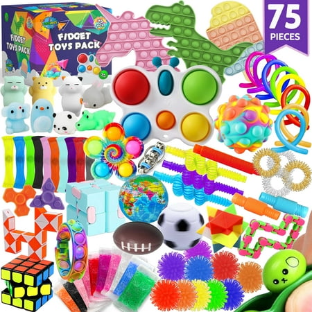75 pcs Fidget Toys Kids Pack - Pinata Stuffers, Party Favors, Classroom Stress Relief Prizes - Treasure Chest Goody Bag with Pop its for Autistic and ADHD - Autism Bulk Fidgets Box Gifts for Kids
