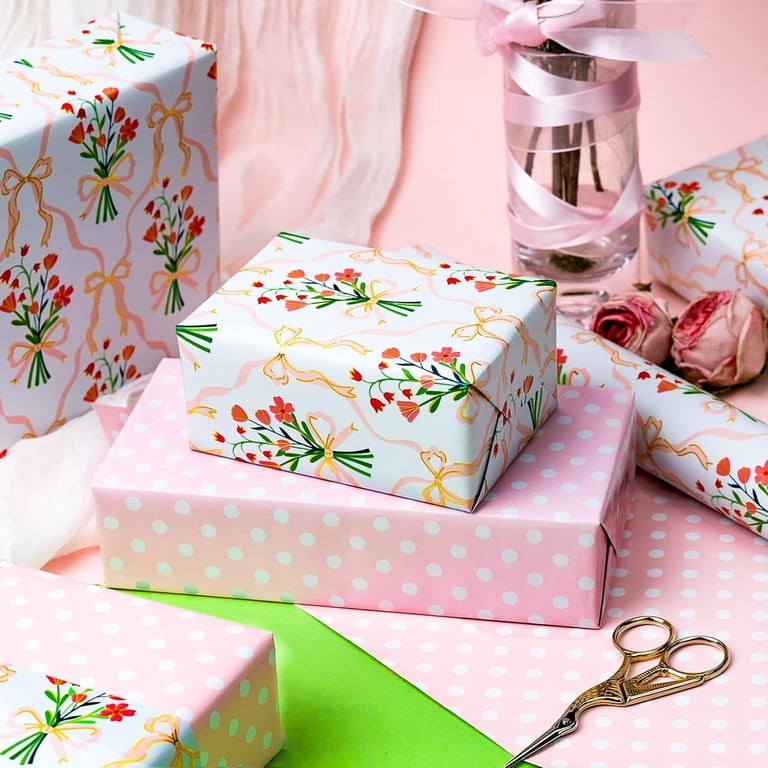 HOMERAL Reversible Floral Bow Wrapping Paper, Metallic Gold, 17"x32.8' photo 6