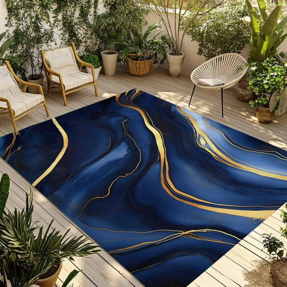 Fsddascl Marble Navy Blue Outdoor Rug for Patio/Deck/Porch, Non-Slip Large Area Rug 6 x 9 Ft, Modern Golden Ombre Retro Art Indoor Outdoor Rugs Washable Area Rugs, Reversible Camping Rug Carpet