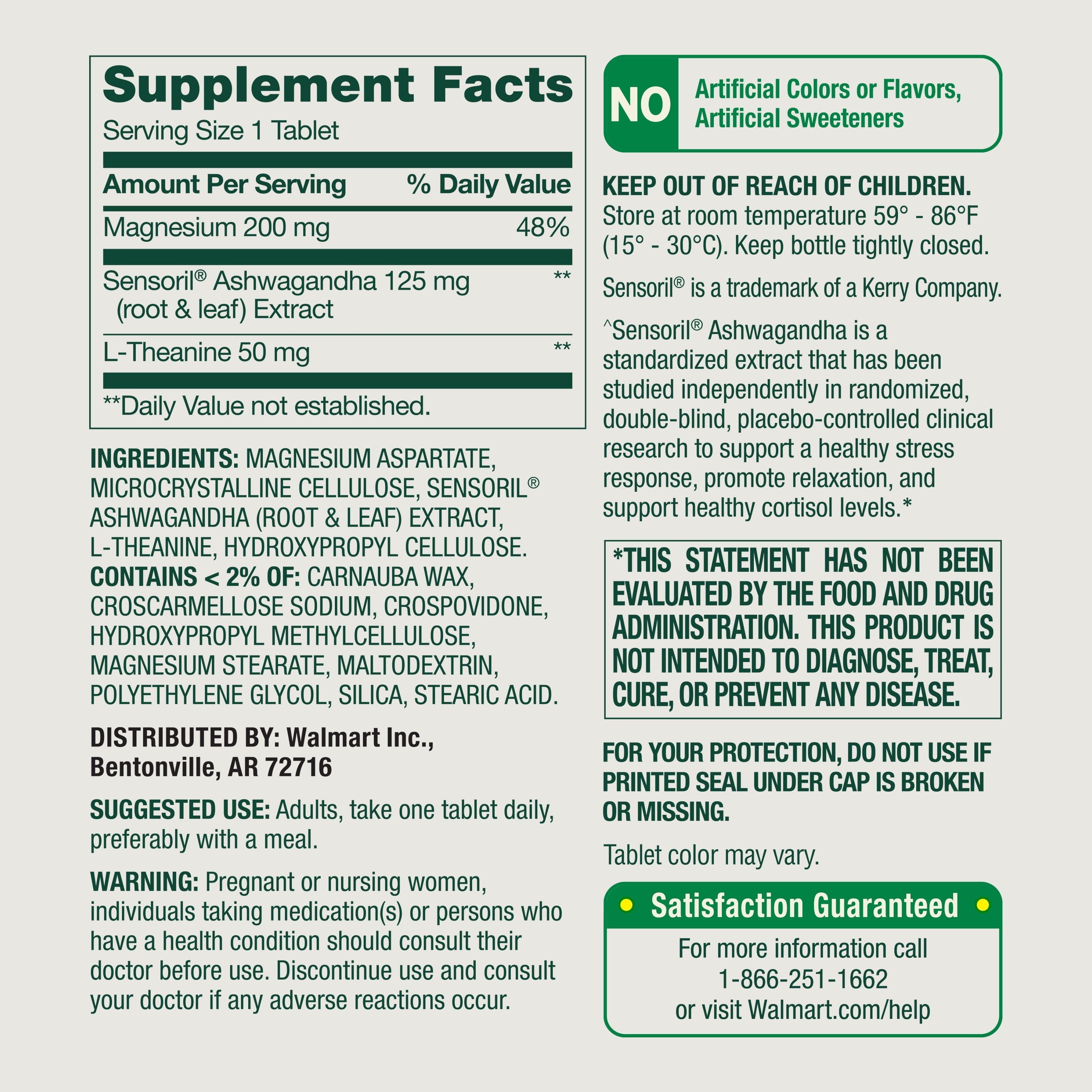 Spring Valley Magnesium + Ashwagandha + L-Theanine for Stress Support Tablets, 60 Count