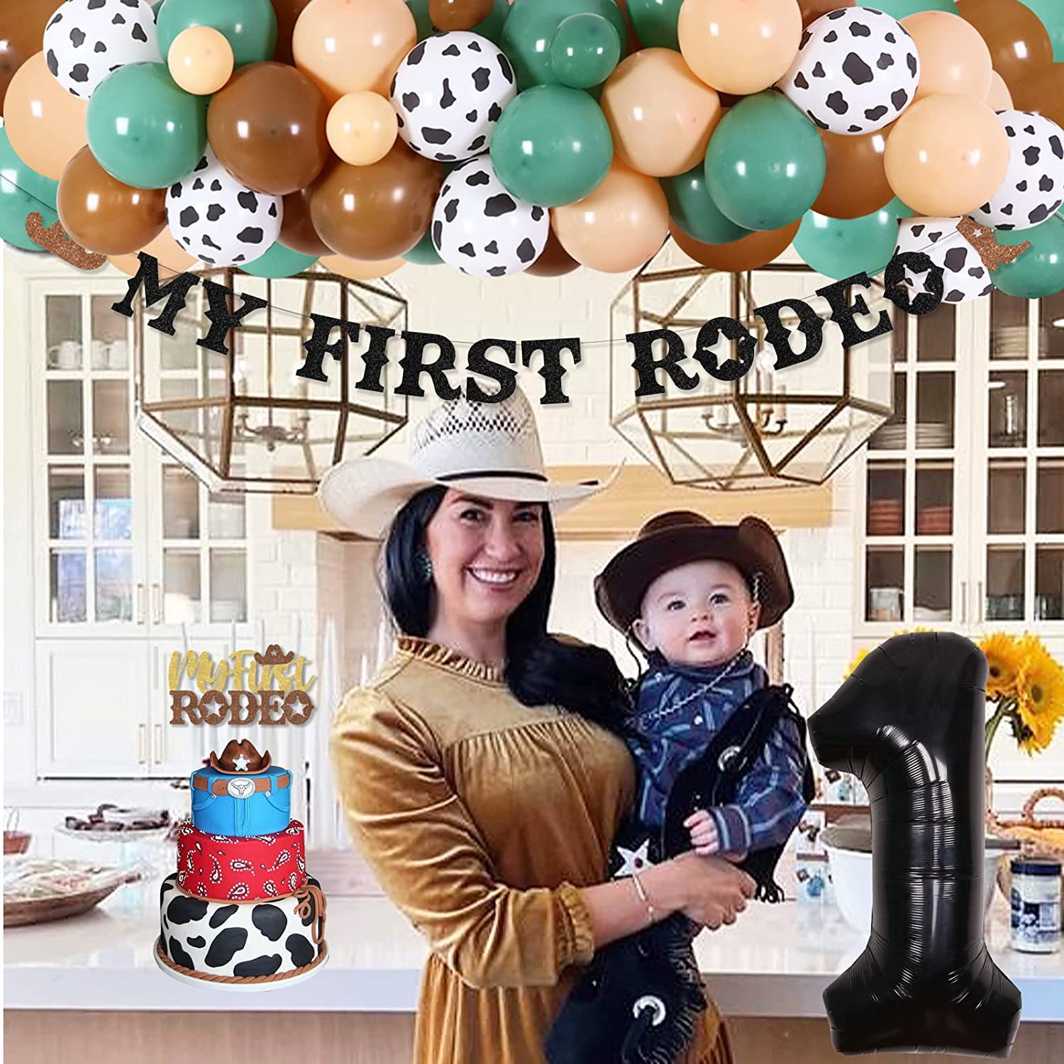 Cowboys First Rodeo Birthday Party, Cowboy 1st Birthday Decorations Balloon Garland Arch Kit with Number 1 Foil Balloon, My First Rodeo Banner Cake Topper for Cowboy Themed Party 1st Birthday