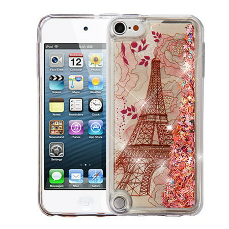 Apple iPod Touch 6th / 5th Generation BLING Hybrid Liquid Glitter Quicksand Rubber Silicone Gel TPU Protective Hard Case Cover - Eiffel Tower & Rose Gold Meteor