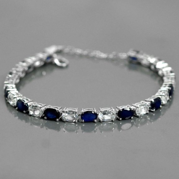 Natural Sapphire and Topaz Gemstone Sterling Silver Chain Tennis Bracelet